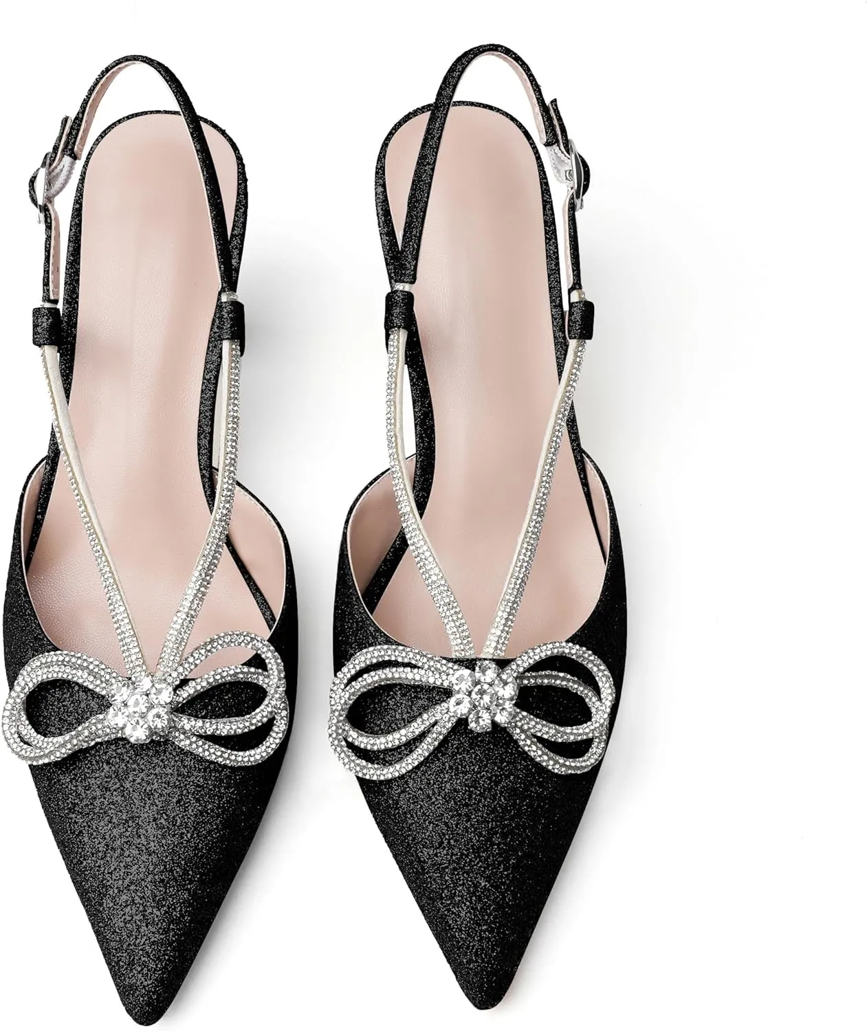 Esvowido Women's Rhinestone Bow Heels Pointed Toe Kitten Low Heel Pumps Satin Shoes Adjustable Ankle Strap Slingback Heeled Wedding Bridal Evening Dress Shoes