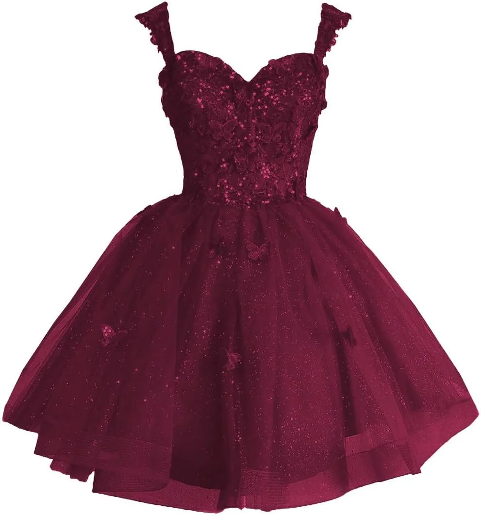 Fanciest Off Shoulder Glitter Tulle Homecoming Dresses for Teens 3D Butterfly Short Prom Dress Sequin Quinceanera Dresses