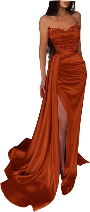 Fanciest Women's Beaded Mermaid Prom Dresses 2025 Satin Ball Gown Long Formal Evening Gowns with Slit
