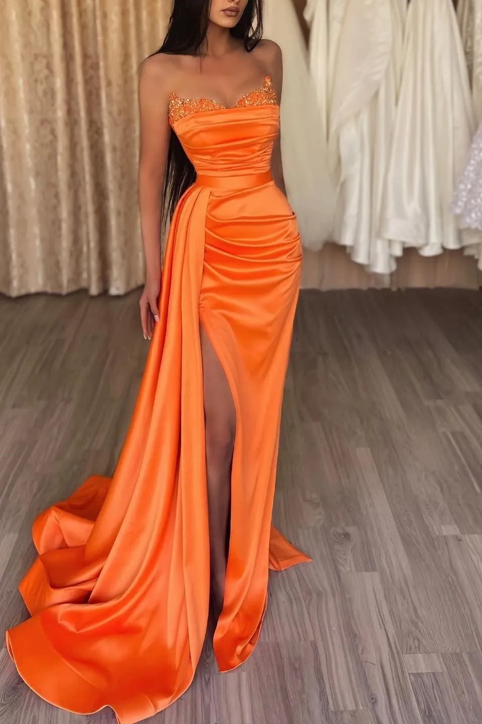 Fanciest Women's Beaded Mermaid Prom Dresses 2025 Satin Ball Gown Long Formal Evening Gowns with Slit