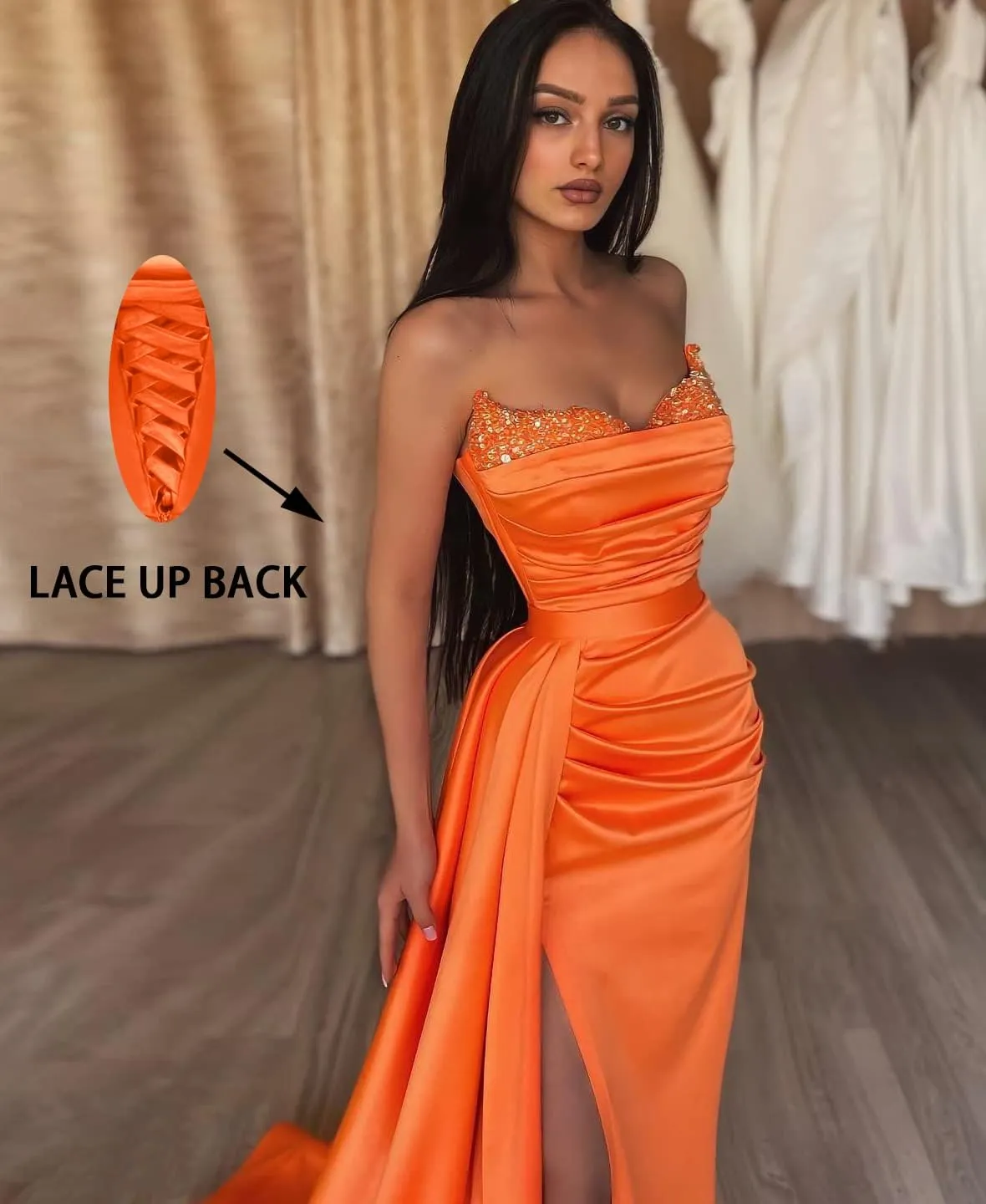 Fanciest Women's Beaded Mermaid Prom Dresses 2025 Satin Ball Gown Long Formal Evening Gowns with Slit