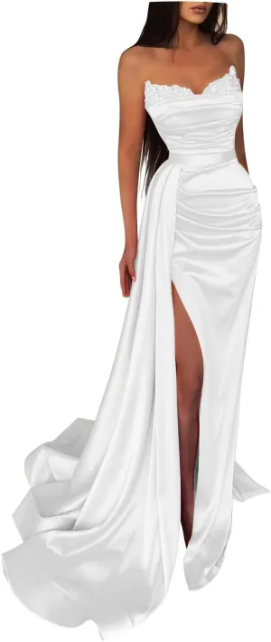 Fanciest Women's Beaded Mermaid Prom Dresses 2025 Satin Ball Gown Long Formal Evening Gowns with Slit