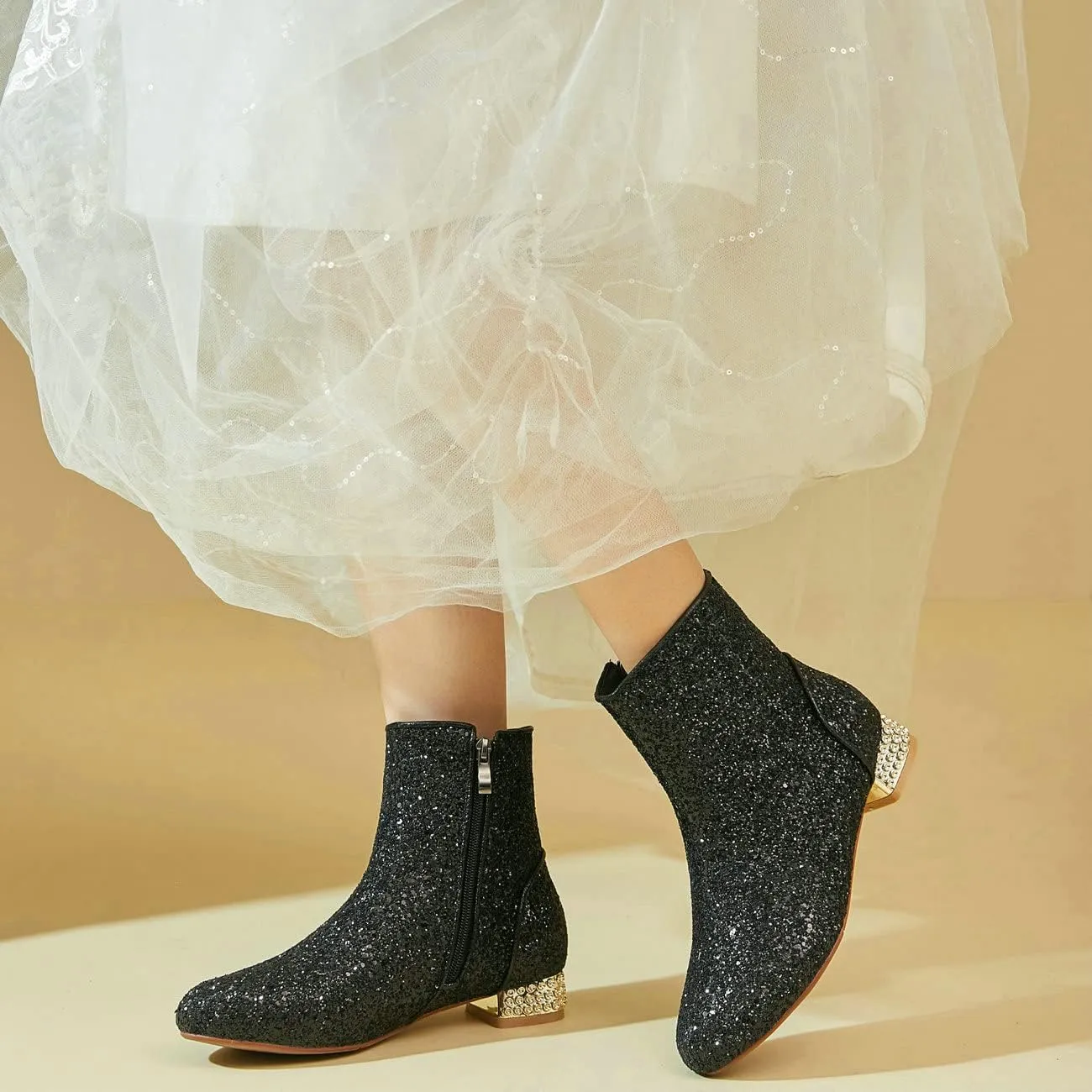 FIFSY Women Sequin Ankle Boots Low Heel Sparkly Glitter Booties