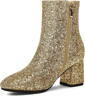 FIFSY Women Sparkly Ankle Boots Sequin Glitter Booties Chunky High Heels