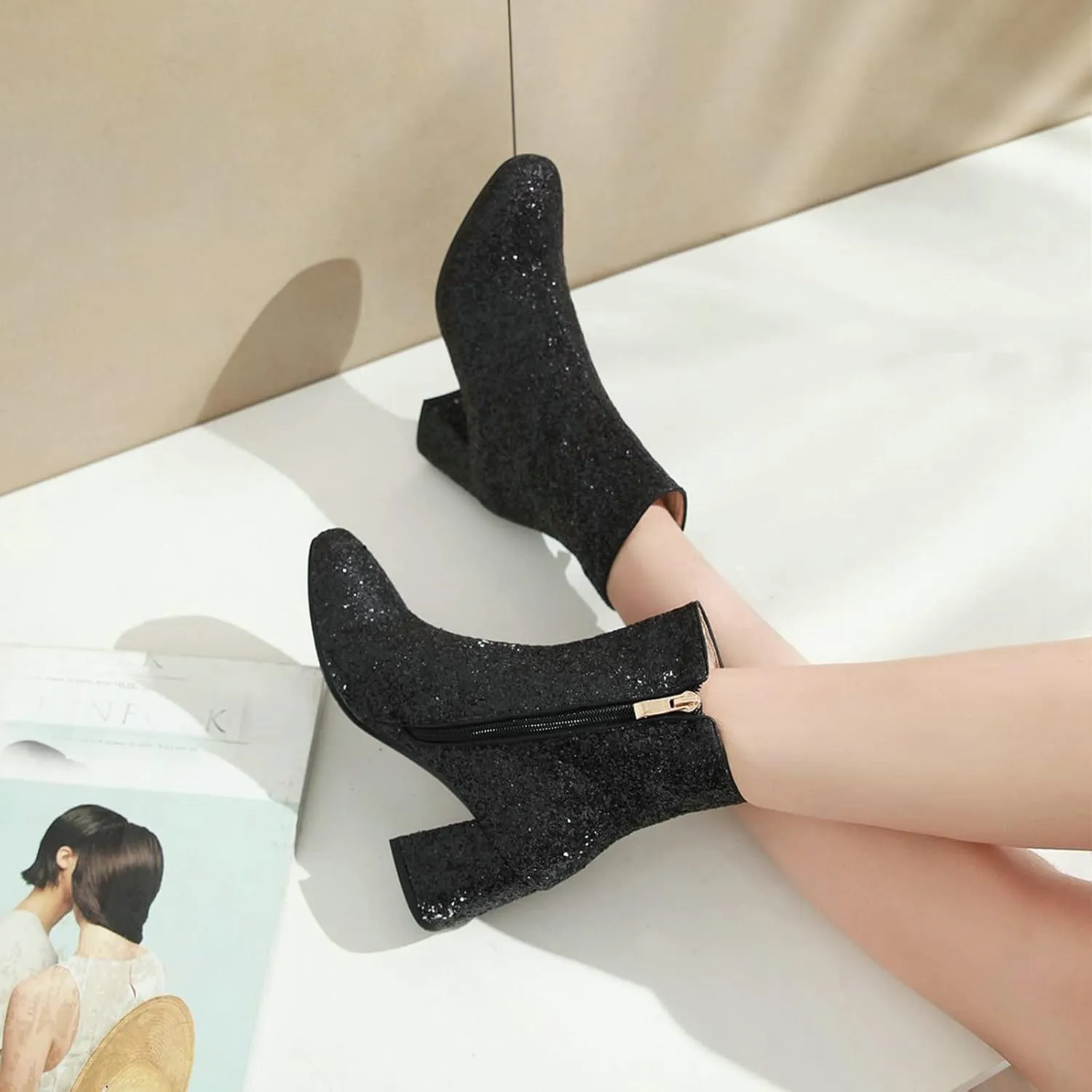 FIFSY Women Sparkly Ankle Boots Sequin Glitter Booties Chunky High Heels