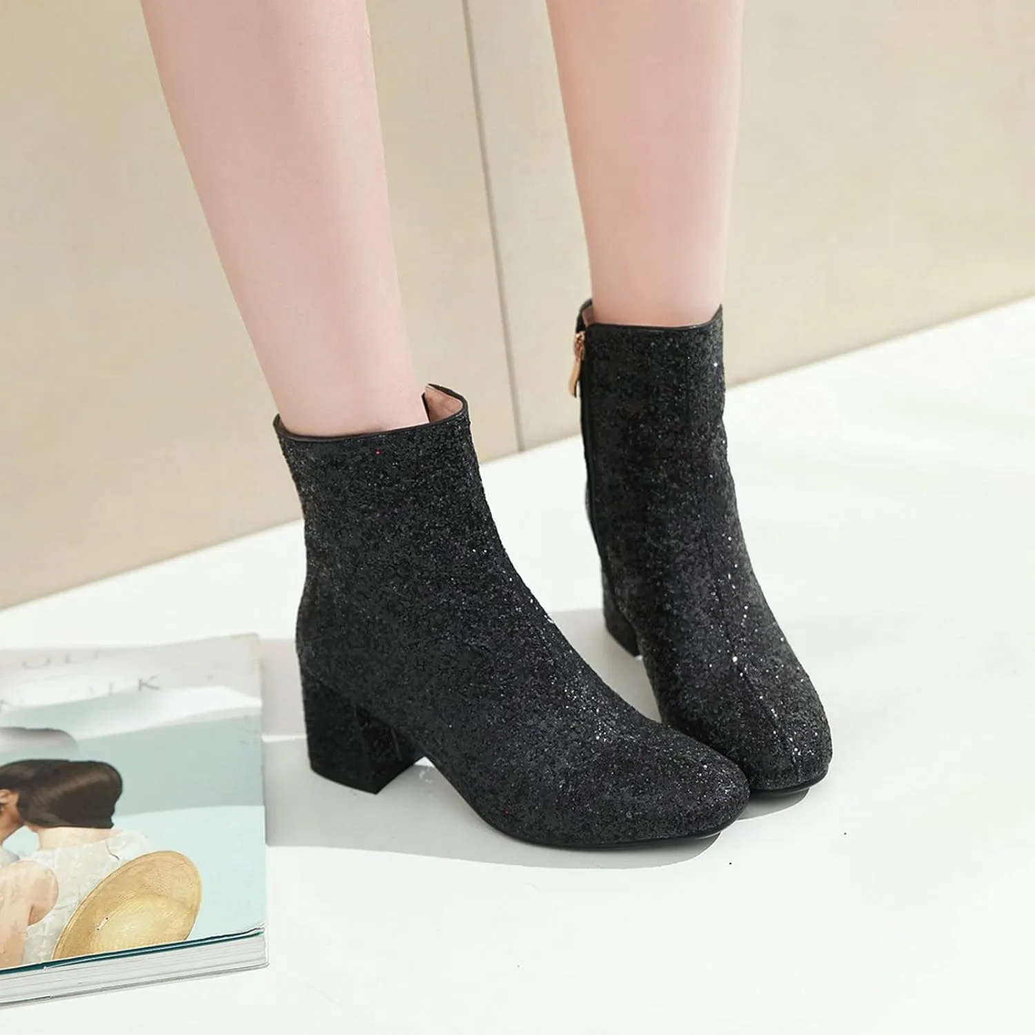 FIFSY Women Sparkly Ankle Boots Sequin Glitter Booties Chunky High Heels