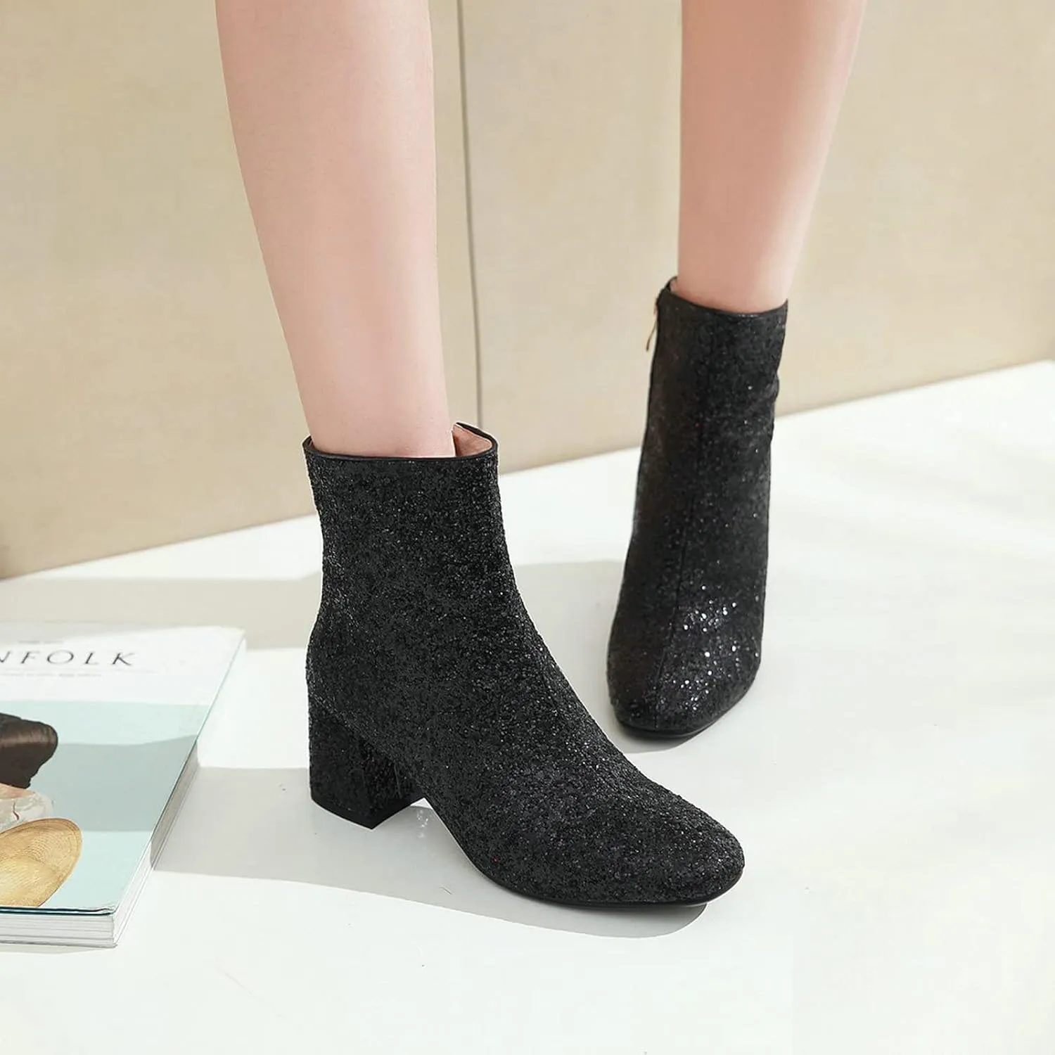 FIFSY Women Sparkly Ankle Boots Sequin Glitter Booties Chunky High Heels