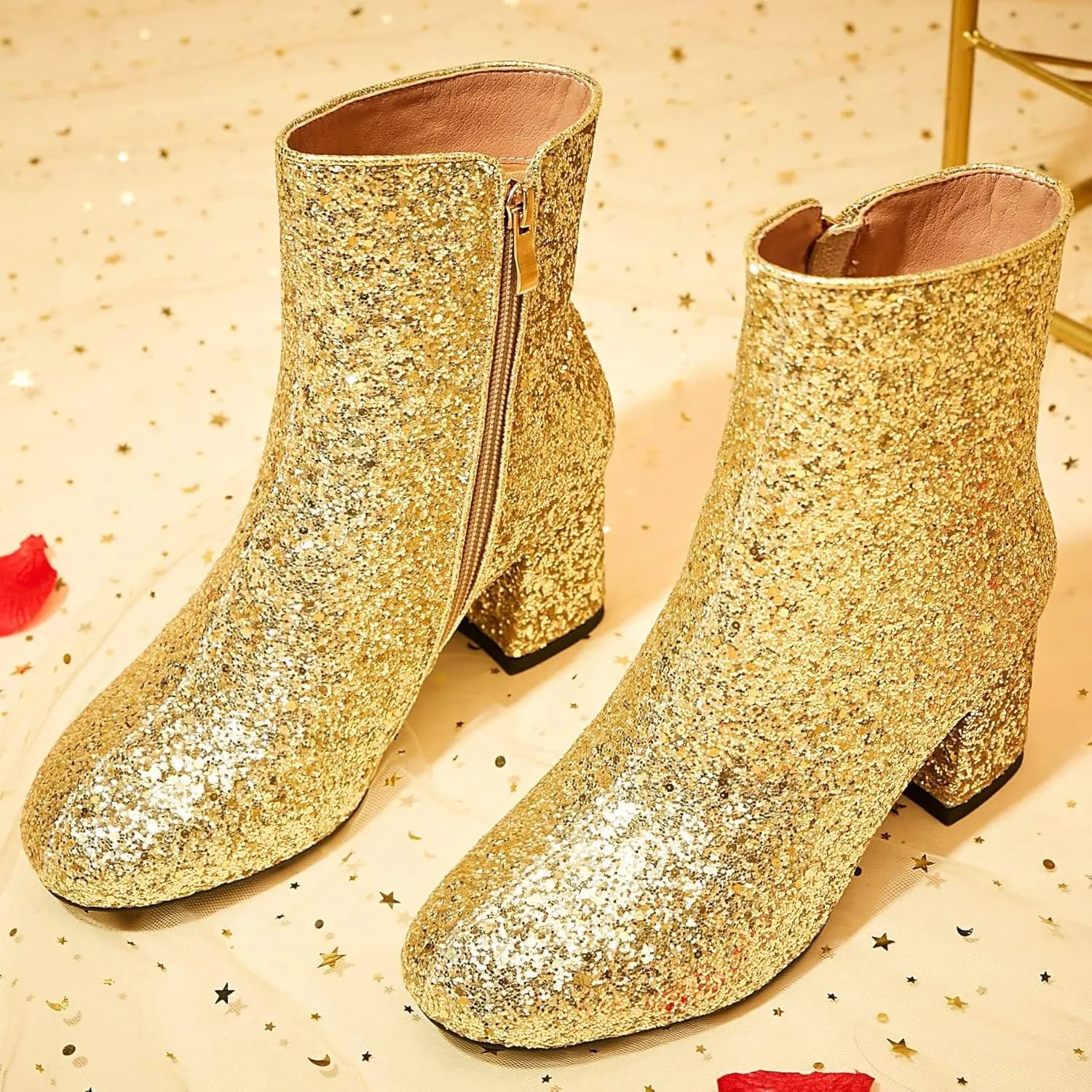 FIFSY Women Sparkly Ankle Boots Sequin Glitter Booties Chunky High Heels