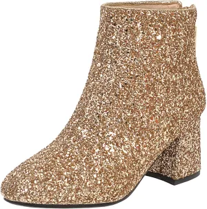 FIFSY Women Sparkly Block Heel Ankle Boots Shiny Heeled Sequin Glitter Boots