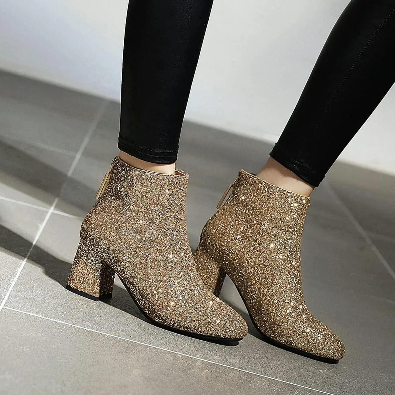 FIFSY Women Sparkly Block Heel Ankle Boots Shiny Heeled Sequin Glitter Boots