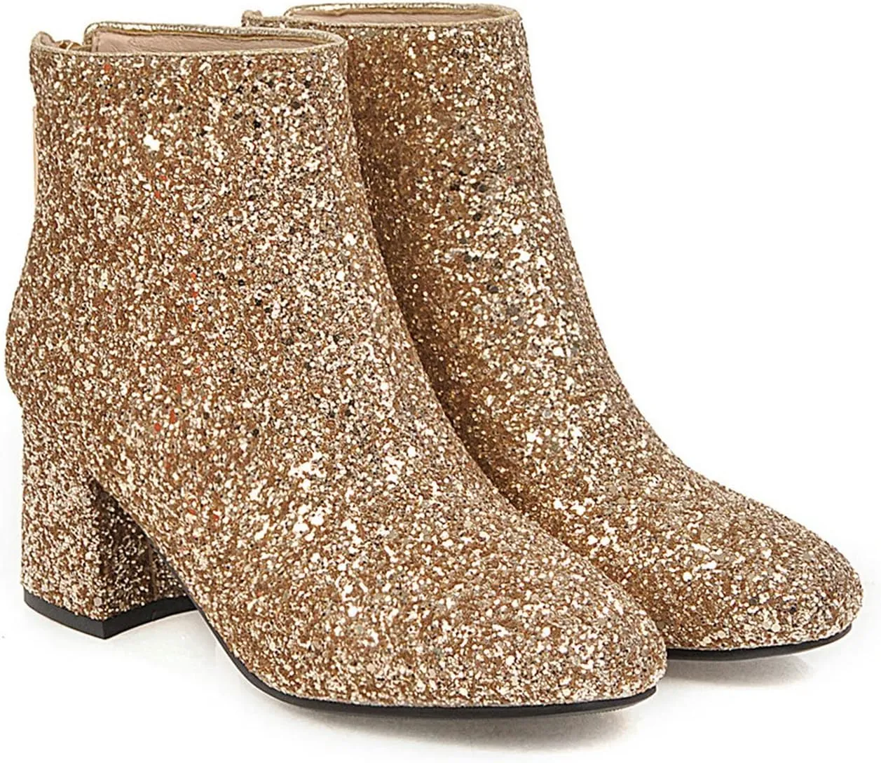 FIFSY Women Sparkly Block Heel Ankle Boots Shiny Heeled Sequin Glitter Boots