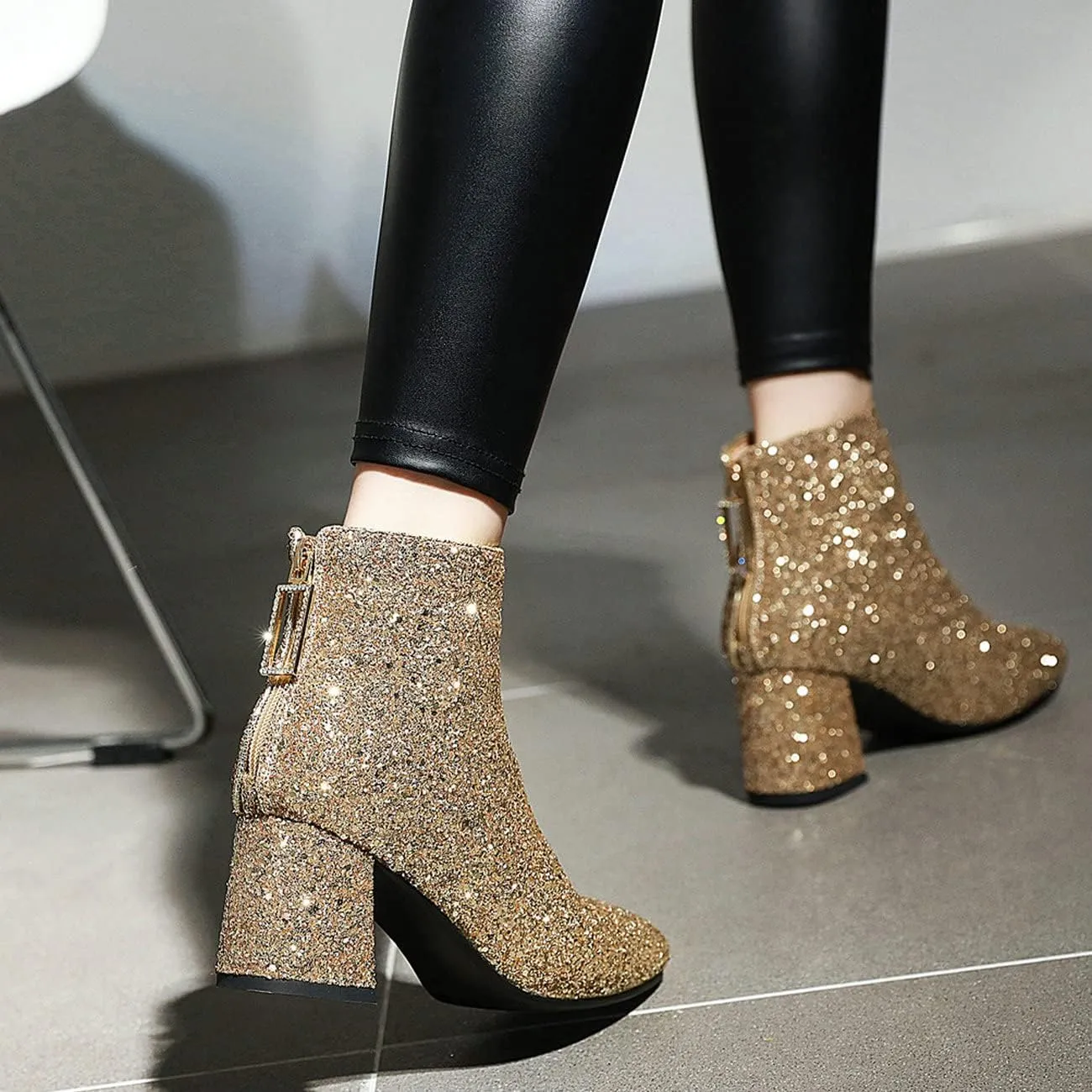 FIFSY Women Sparkly Block Heel Ankle Boots Shiny Heeled Sequin Glitter Boots