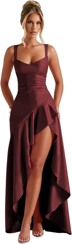 Fokissy Satin Ruffles Prom Dresses for Teens Hi-Low Aline Cocktail Dresses for Women 2025