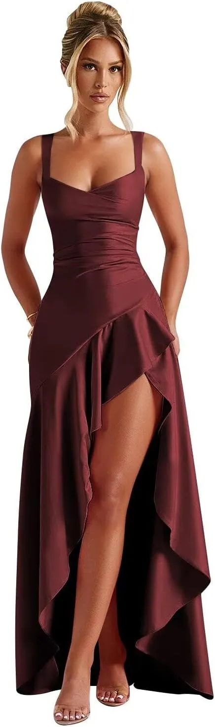 Fokissy Satin Ruffles Prom Dresses for Teens Hi-Low Aline Cocktail Dresses for Women 2025
