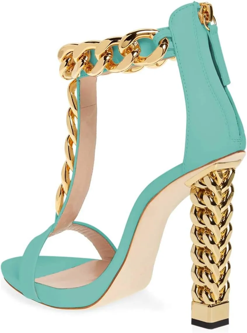FSJ Women Sexy T-Strap Gold Metal Chain Chunky High Heel Sandal Open Toe Ankle Strap Pump Back Zipper Bridal Wedding Party Shoes Size 4-15 US