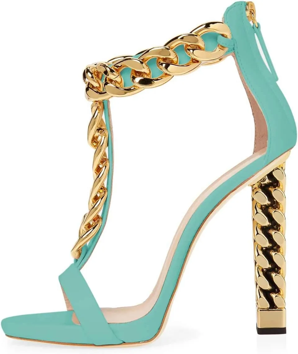 FSJ Women Sexy T-Strap Gold Metal Chain Chunky High Heel Sandal Open Toe Ankle Strap Pump Back Zipper Bridal Wedding Party Shoes Size 4-15 US