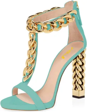 FSJ Women Sexy T-Strap Gold Metal Chain Chunky High Heel Sandal Open Toe Ankle Strap Pump Back Zipper Bridal Wedding Party Shoes Size 4-15 US