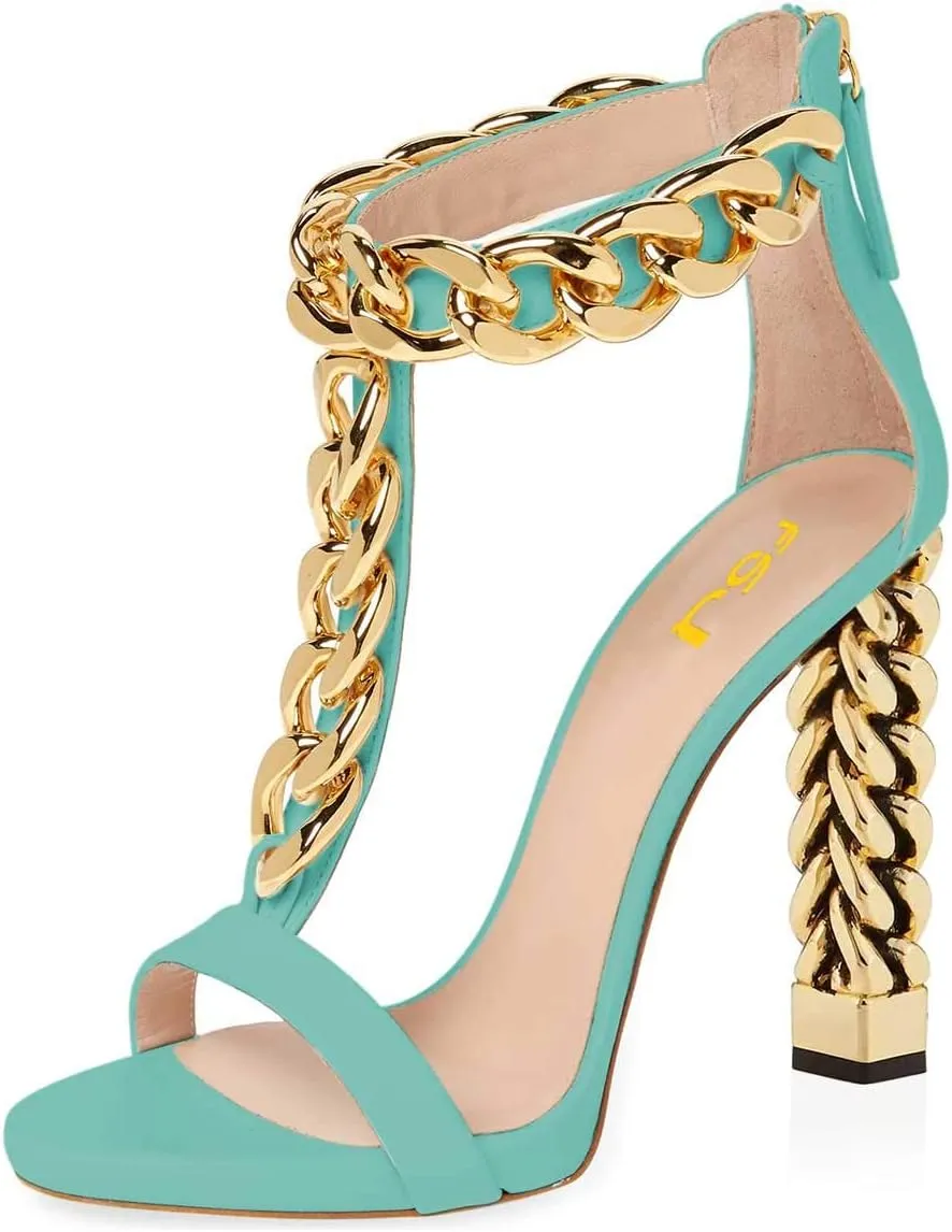 FSJ Women Sexy T-Strap Gold Metal Chain Chunky High Heel Sandal Open Toe Ankle Strap Pump Back Zipper Bridal Wedding Party Shoes Size 4-15 US