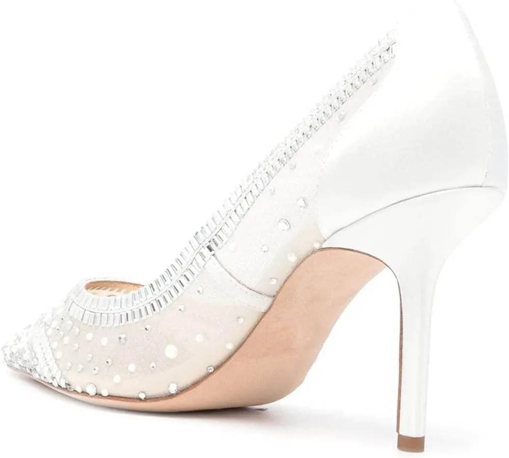 FSJ Women Wedding Rhinestones Mesh Satin High Heel Pumps Pointy Toe Stiletto Slip On Comfort Lace Sequins Bridal Dress Evening Shoes Size 4-15 US