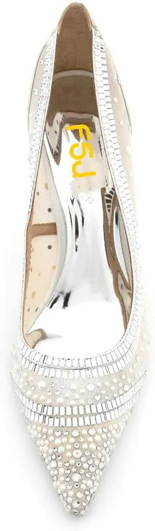 FSJ Women Wedding Rhinestones Mesh Satin High Heel Pumps Pointy Toe Stiletto Slip On Comfort Lace Sequins Bridal Dress Evening Shoes Size 4-15 US
