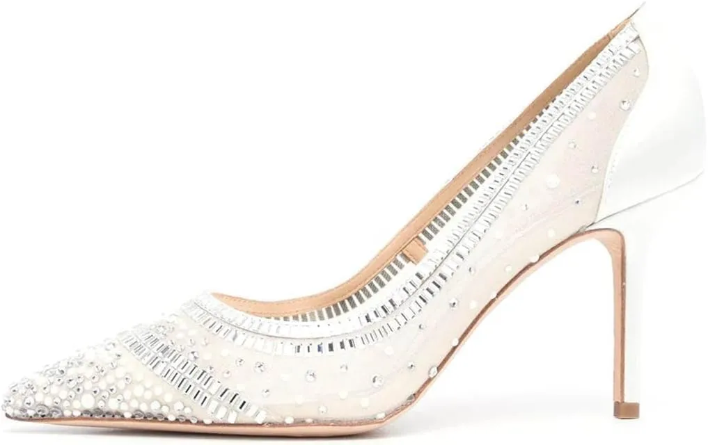 FSJ Women Wedding Rhinestones Mesh Satin High Heel Pumps Pointy Toe Stiletto Slip On Comfort Lace Sequins Bridal Dress Evening Shoes Size 4-15 US