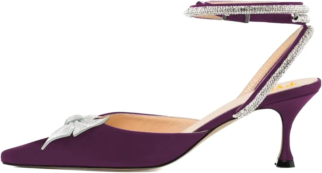 FYS Women Rhinestone Studded Pointed Toe D'Orsays Bowtie Ankle Strap Kitten Low Heel Pumps Sexy Wedding Formal Dress Shoes Size 4-16 US