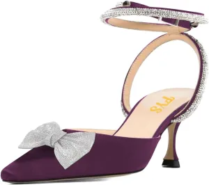FYS Women Rhinestone Studded Pointed Toe D'Orsays Bowtie Ankle Strap Kitten Low Heel Pumps Sexy Wedding Formal Dress Shoes Size 4-16 US
