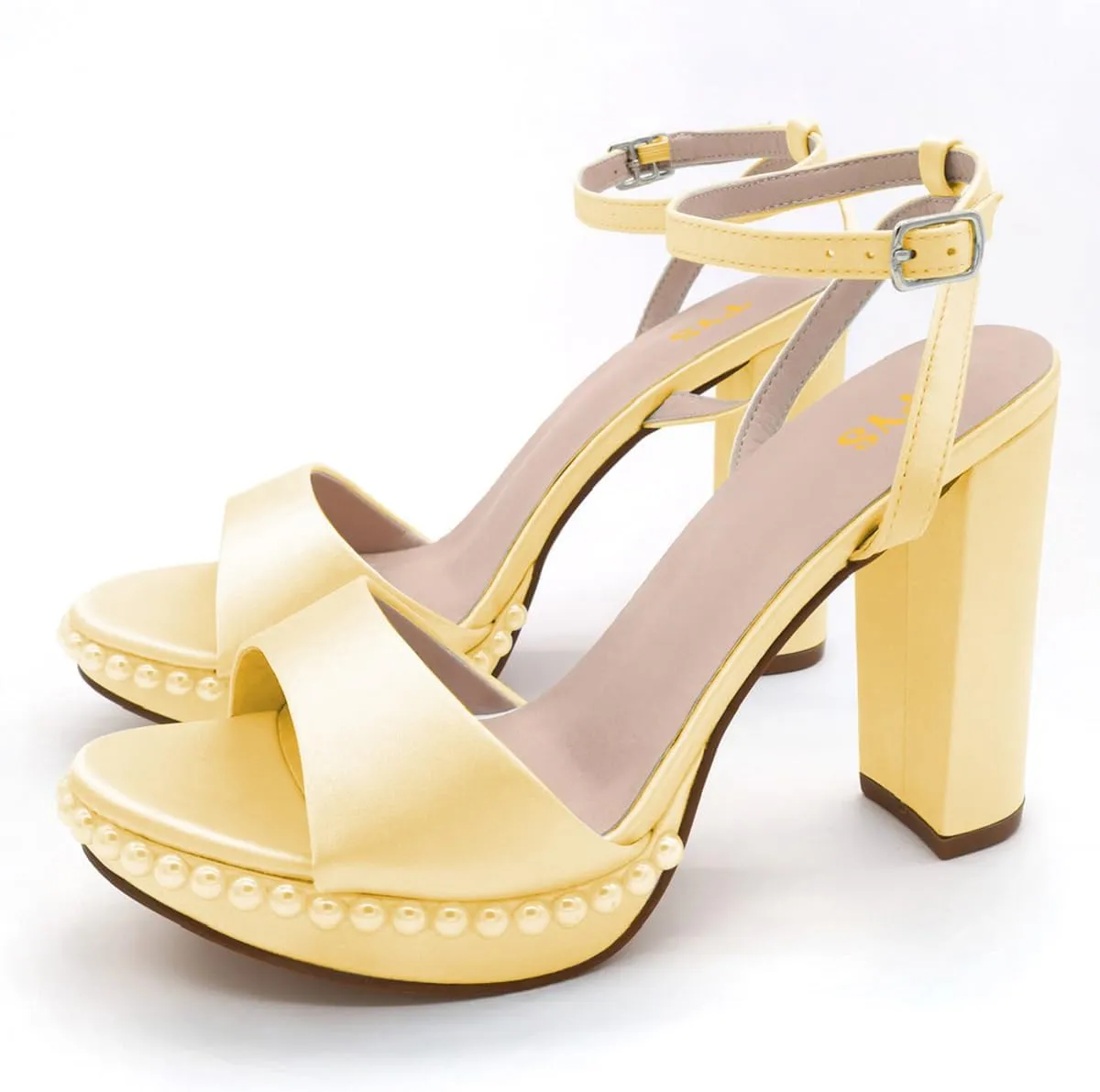 FYS Women's Platform Open Toe Sandals Ankle Strap Chunky Block High Heels Pearl Studded Prom Wedding Shoes Size 4-16 US
