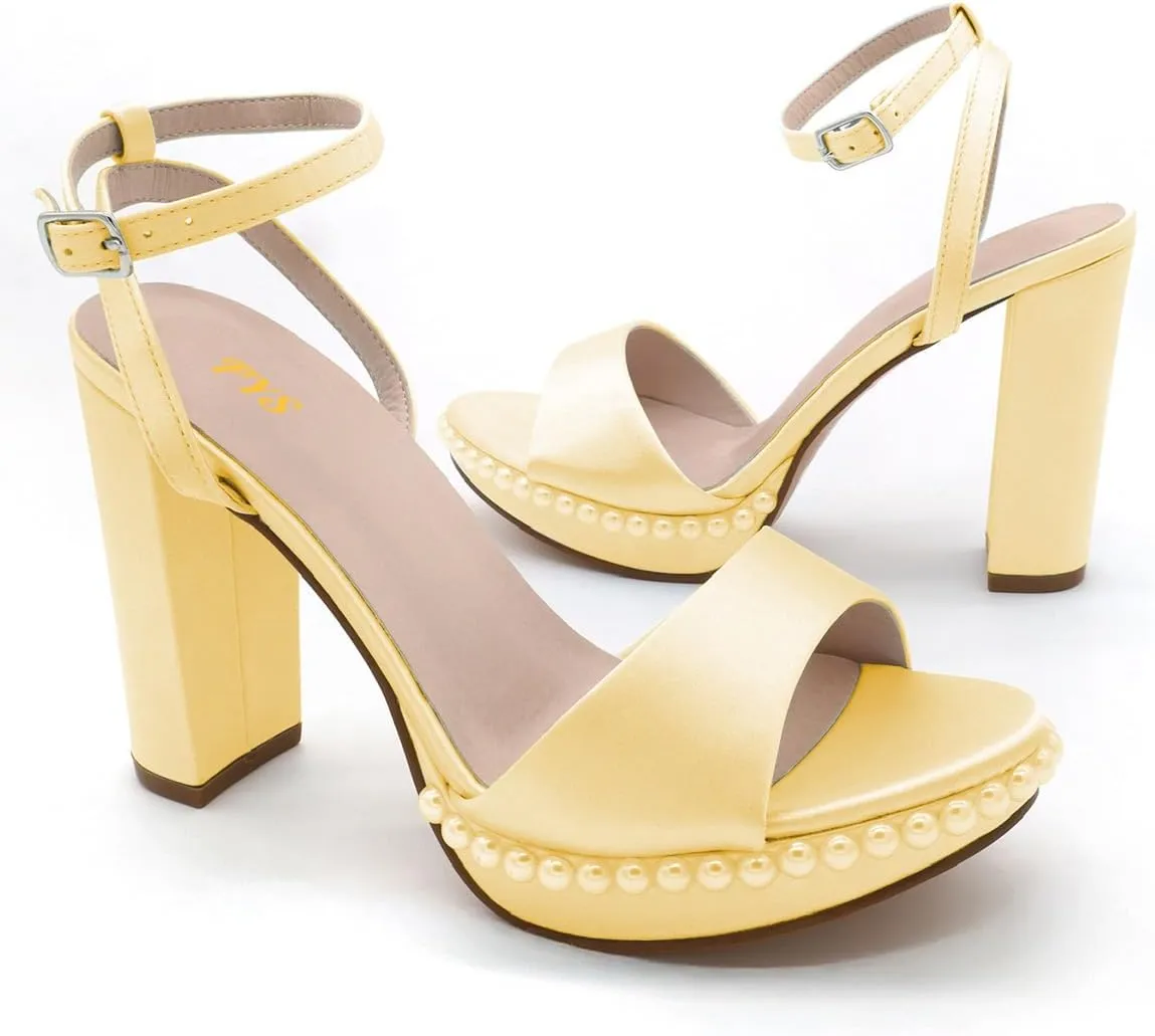 FYS Women's Platform Open Toe Sandals Ankle Strap Chunky Block High Heels Pearl Studded Prom Wedding Shoes Size 4-16 US