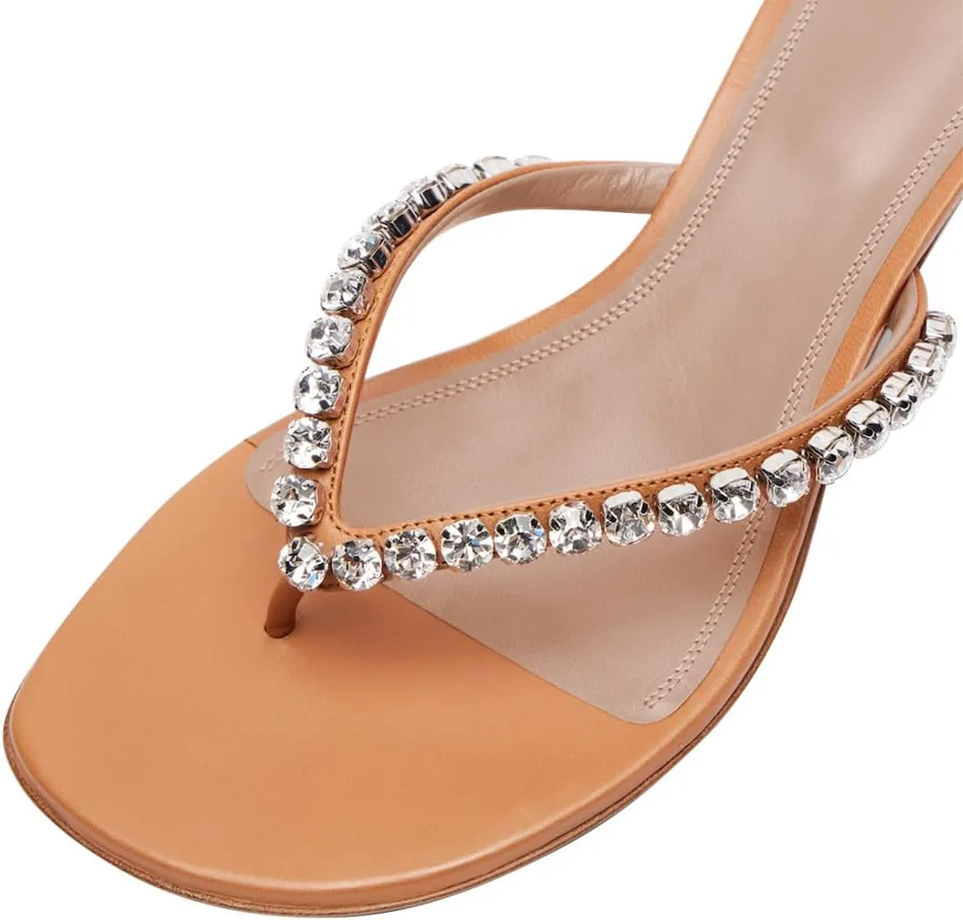 FYS Women's Round Split Toe Mules Kitten Low Heel Flip Flops Rhinestone Studded Fashion Outdoor Slipper Shoes Size 4-16 US