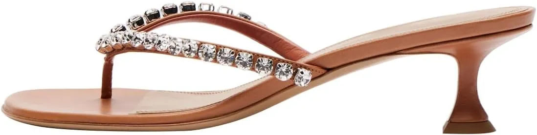 FYS Women's Round Split Toe Mules Kitten Low Heel Flip Flops Rhinestone Studded Fashion Outdoor Slipper Shoes Size 4-16 US