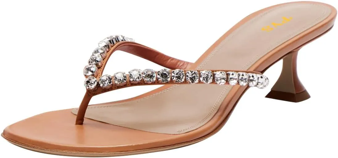 FYS Women's Round Split Toe Mules Kitten Low Heel Flip Flops Rhinestone Studded Fashion Outdoor Slipper Shoes Size 4-16 US