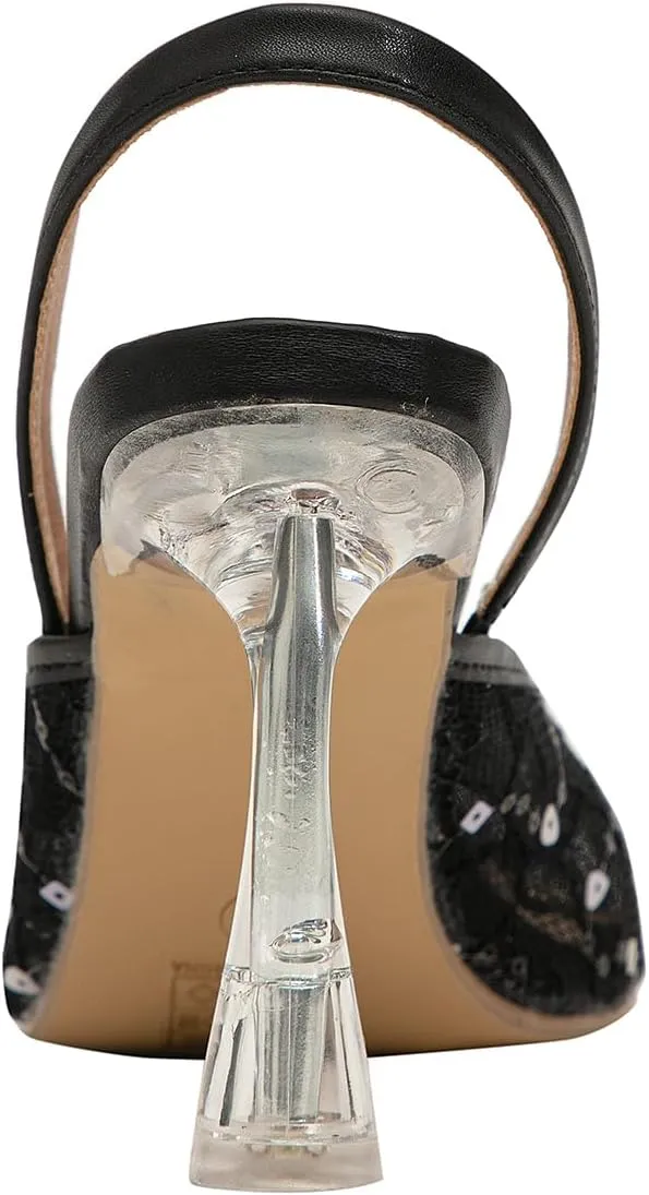 getmorebeauty Women's Kitten Sequin Slingback Heels Pumps Sandals Lace Mesh Pointed Toe Bridal Wedding Shoes