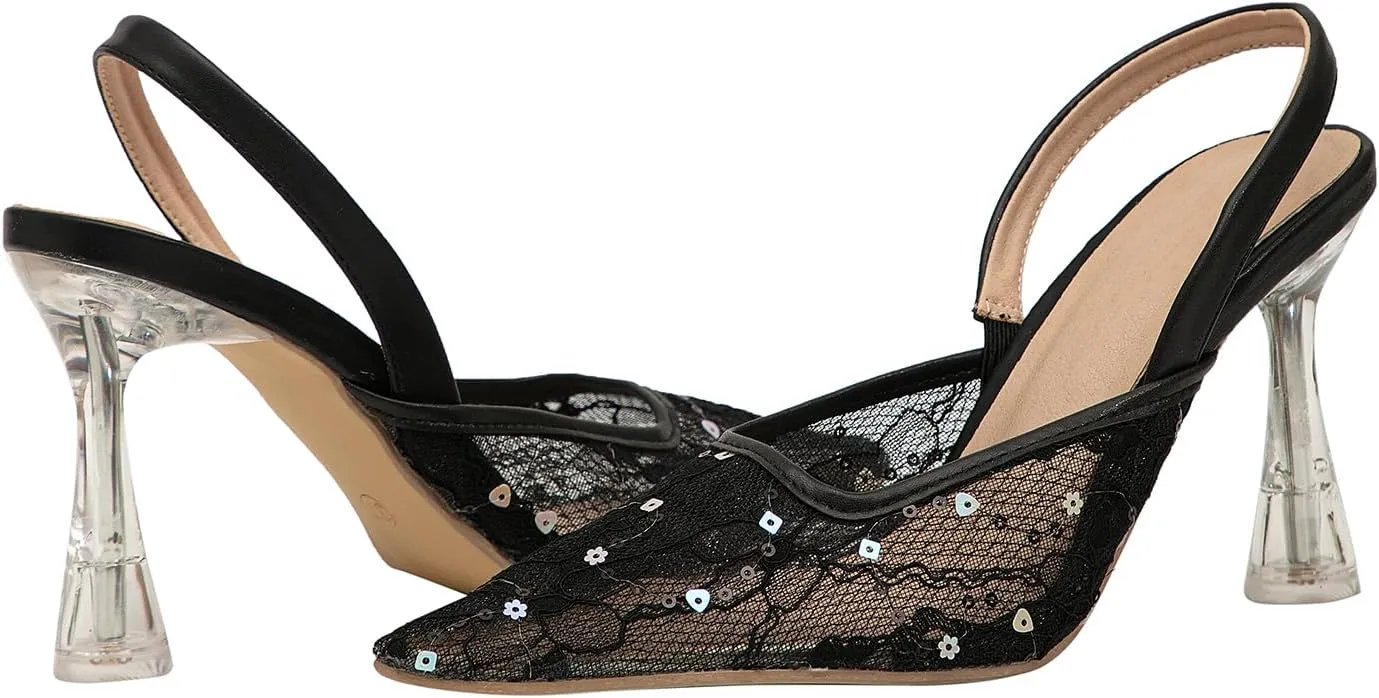 getmorebeauty Women's Kitten Sequin Slingback Heels Pumps Sandals Lace Mesh Pointed Toe Bridal Wedding Shoes