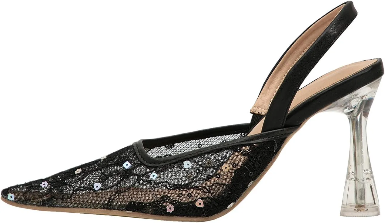 getmorebeauty Women's Kitten Sequin Slingback Heels Pumps Sandals Lace Mesh Pointed Toe Bridal Wedding Shoes