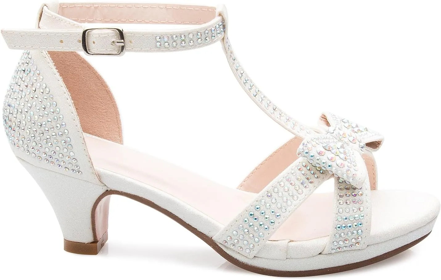 Girl's Glitter Leatherette Open Toe Strappy Ankle T Strap Kitten Heel Sandal (Toddler/Little Girl)