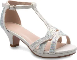 Girl's Glitter Leatherette Open Toe Strappy Ankle T Strap Kitten Heel Sandal (Toddler/Little Girl)