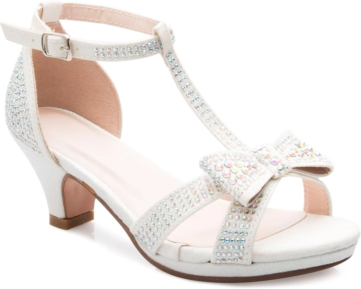 Girl's Glitter Leatherette Open Toe Strappy Ankle T Strap Kitten Heel Sandal (Toddler/Little Girl)