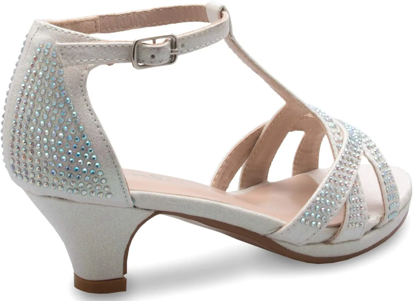 Girl's Glitter Leatherette Open Toe Strappy Ankle T Strap Kitten Heel Sandal (Toddler/Little Girl)
