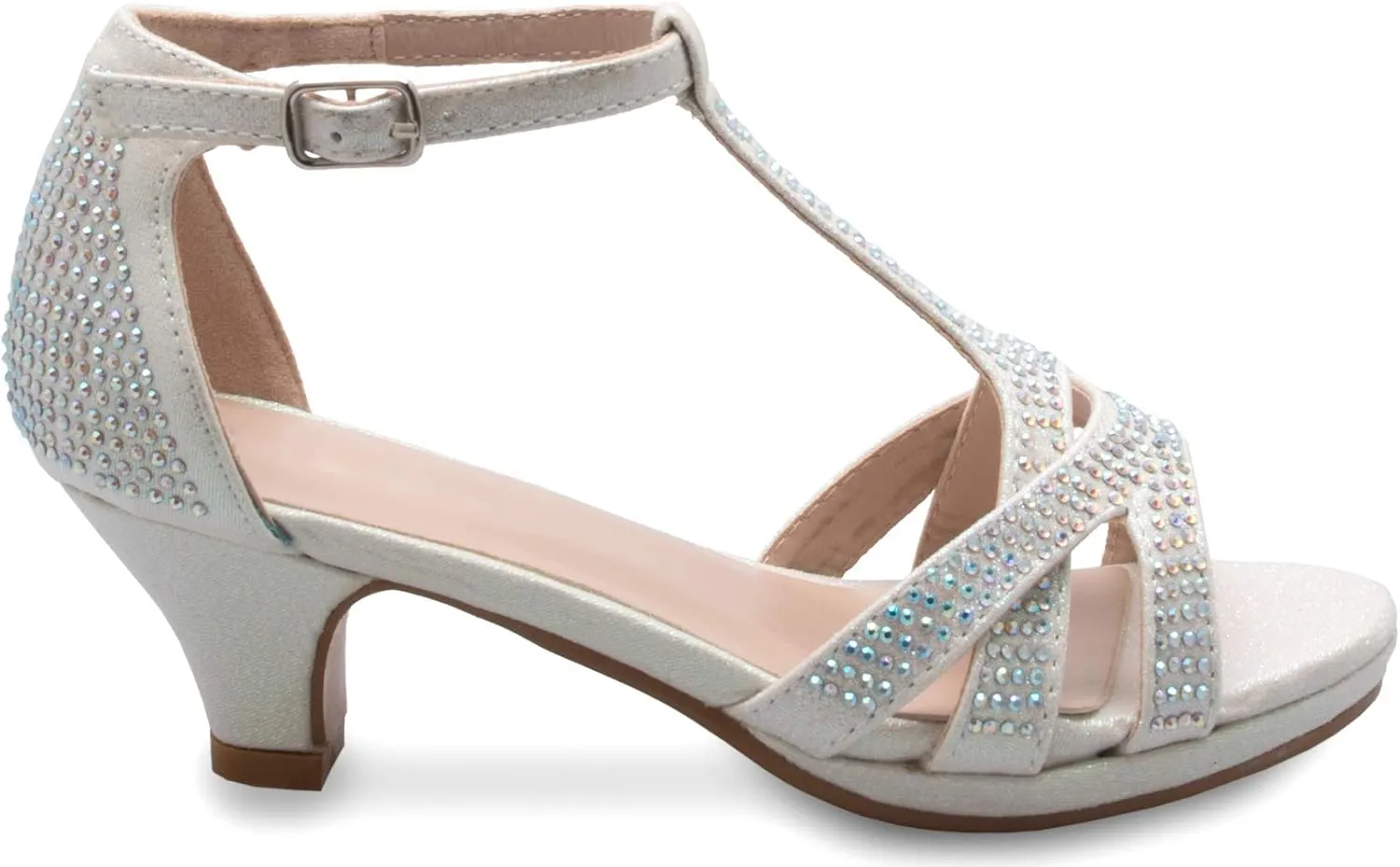Girl's Glitter Leatherette Open Toe Strappy Ankle T Strap Kitten Heel Sandal (Toddler/Little Girl)