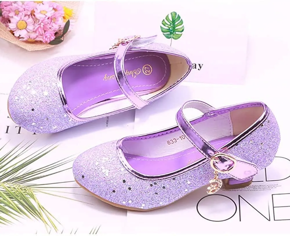 Girls Low Heel Flower Princess Dress Shoes High Heel Mary Jane Sequin Glitter Shoes for Wedding Party for Toddler Little Big Girl
