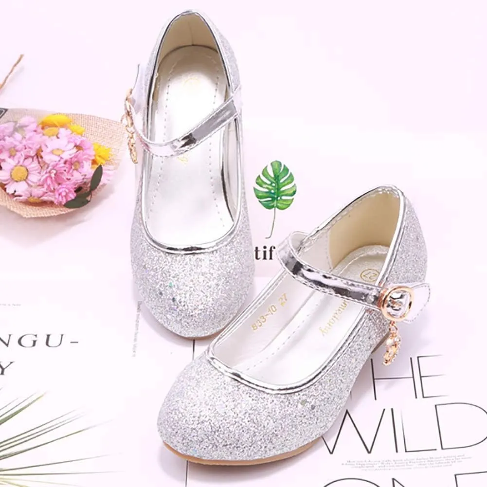 Girls Low Heel Flower Princess Dress Shoes High Heel Mary Jane Sequin Glitter Shoes for Wedding Party for Toddler Little Big Girl