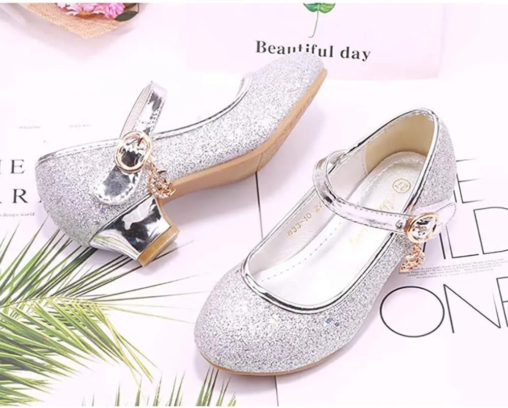 Girls Low Heel Flower Princess Dress Shoes High Heel Mary Jane Sequin Glitter Shoes for Wedding Party for Toddler Little Big Girl