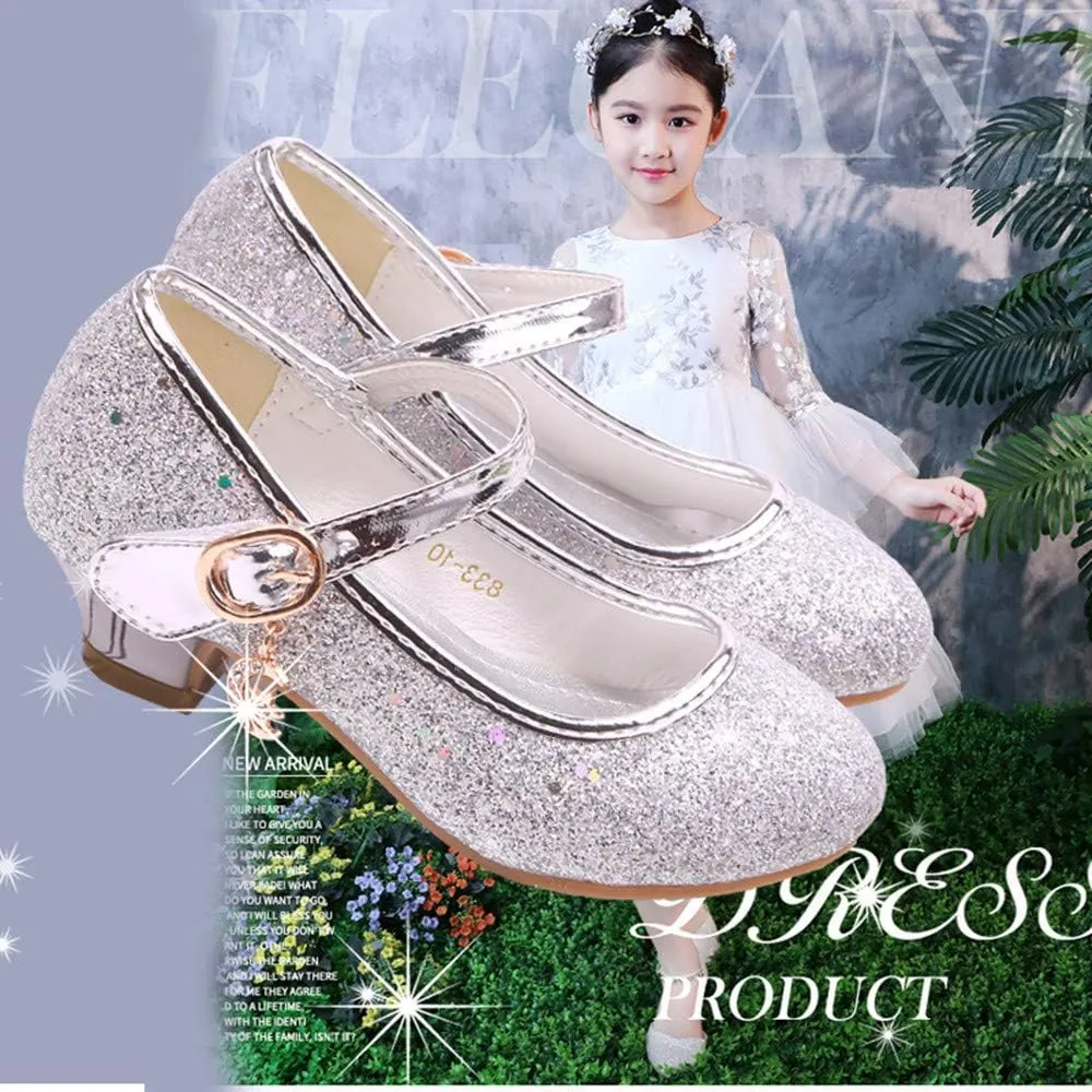 Girls Low Heel Flower Princess Dress Shoes High Heel Mary Jane Sequin Glitter Shoes for Wedding Party for Toddler Little Big Girl
