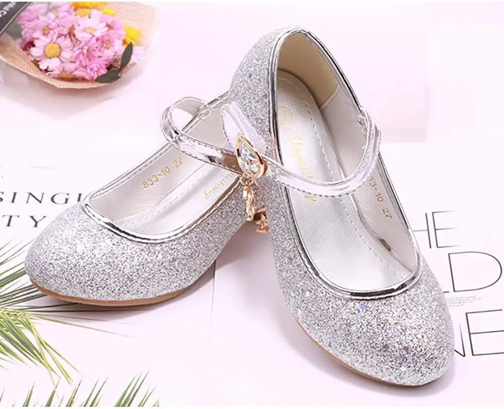 Girls Low Heel Flower Princess Dress Shoes High Heel Mary Jane Sequin Glitter Shoes for Wedding Party for Toddler Little Big Girl