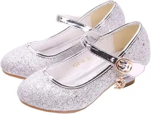 Girls Low Heel Flower Princess Dress Shoes High Heel Mary Jane Sequin Glitter Shoes for Wedding Party for Toddler Little Big Girl