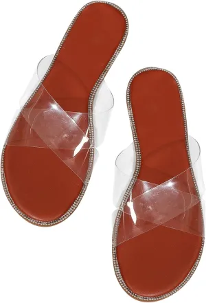 GORGLITTER Women's Clear Sandals Rhinestone Summer Vacation Beach Flats Slippers Open Toe Slide Sandals