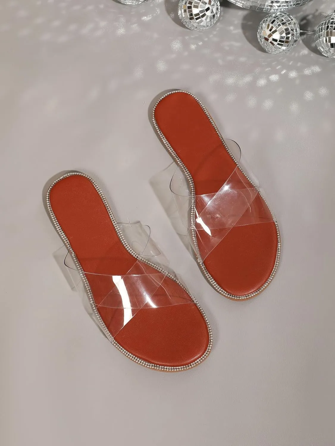 GORGLITTER Women's Clear Sandals Rhinestone Summer Vacation Beach Flats Slippers Open Toe Slide Sandals