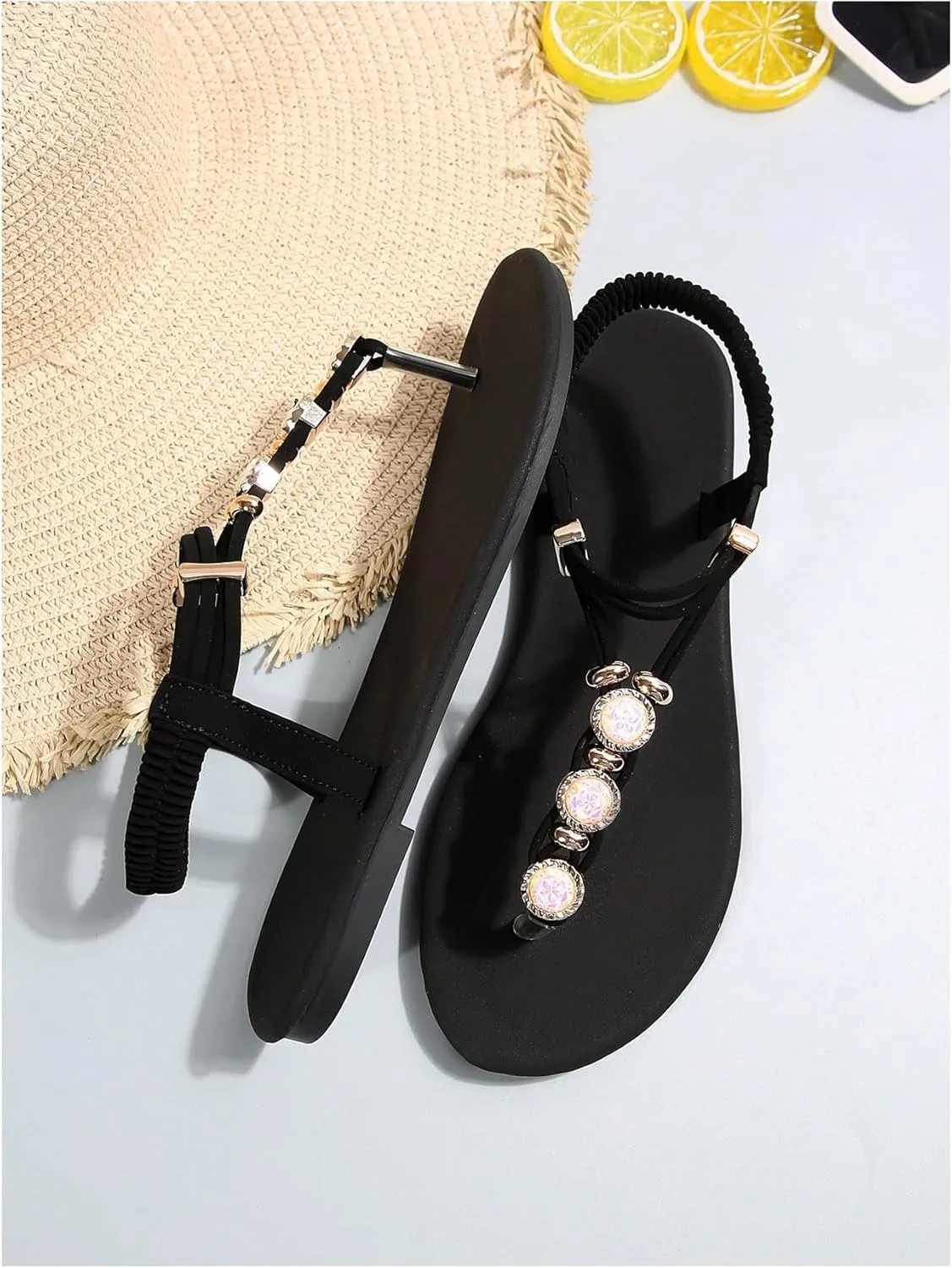 GORGLITTER Women's Rhinestone Sandals Dressy Open Toe Ankle Strap T Strap Flats Sandal