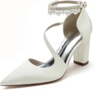 Heels Women Pumps Closed Toe Ankle Strap Pointed Toe Heeled Sandals for Women Bridal Wedding Dress Shoes Prom Evening Party Pumps,8.5CM Chunky Heel